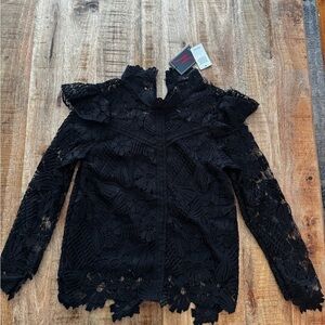 Black embroidery lace high neck Blouse long sleeve top N by Nancy XS NWT